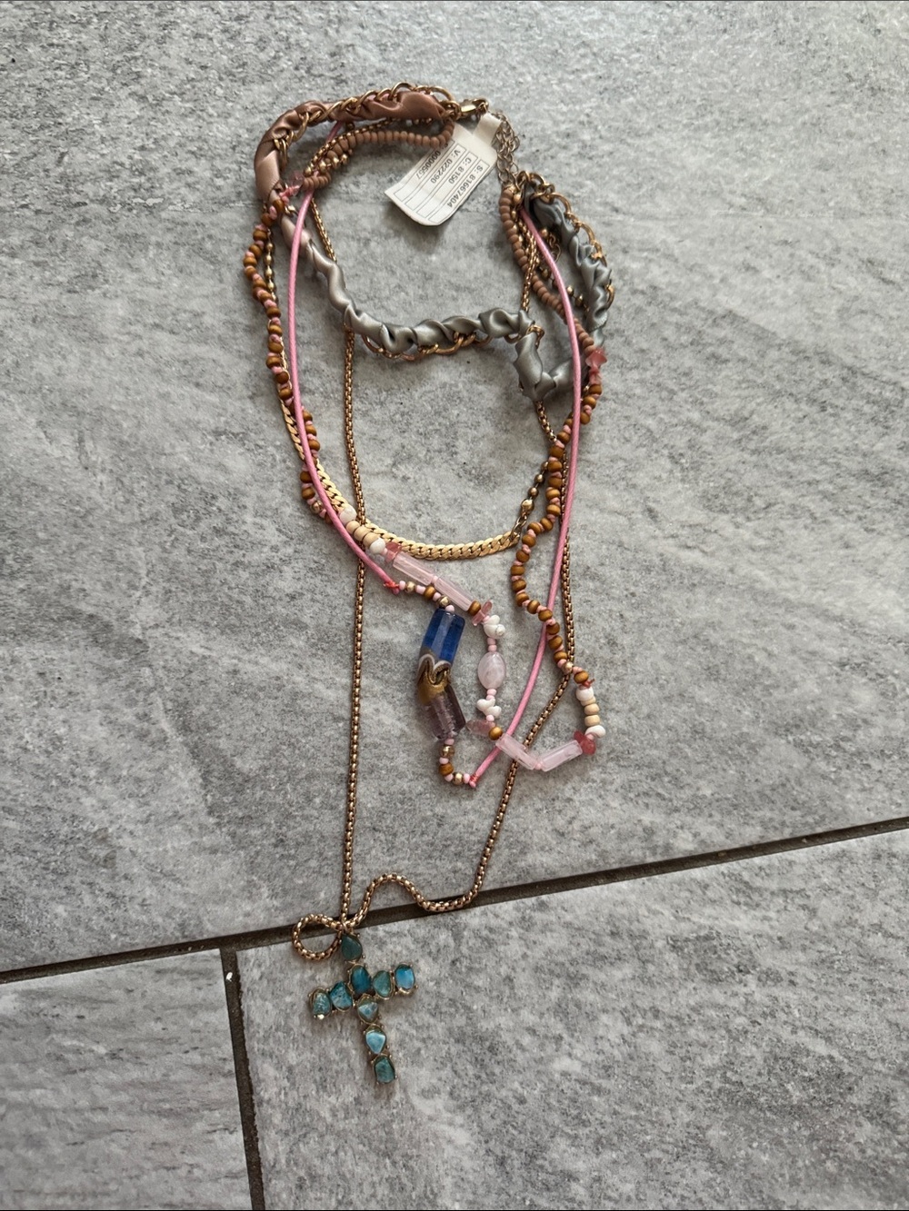 Layered Pink and Gold Women’s Beaded Necklace with Turquoise Cross Pendant